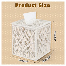 Macrame Tissue Box Cover Boho Decor - 6.7" Ivory Square Tissue Holder with Bead Buckle, Handwoven Cotton Organizer for Bathroom, Bedroom, Office Desk
