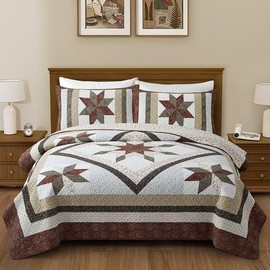 HUANXULISI Rustic Star Patterned California King Size Quilt Set Handmade Inspired Bedding with Pillow Shams red and White Patchwork Quilt Perfect for Farmhouse Style Bedroom Decor