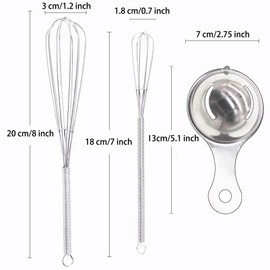 Stainless Steel Mini Whisk Set of 3 Pieces - 7in and 8in Tiny Whisk for Whisking + 1 Pcs Egg White Yolk Filter Separator,Manual Wire Egg Beater Whisk Set Kitchen Gadget Cooking/Baker Tool