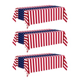 Actilize 4th of July Decorations, 3 Pack Patriotic Tablecloth - 54 x 108 Inch Disposable Plastic Table Covers, American Flag Red and White Stripes Design for 250th Anniversary, Memorial Day