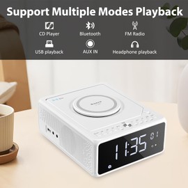 G Keni Elegant CD Player, Alarm Clock Radio with Wireless Charging Station, Digital FM Radio (No AM), Bluetooth Boombox with Remote, MP3/USB Music Player, Snooze & Sleep Timer CD Players for Home