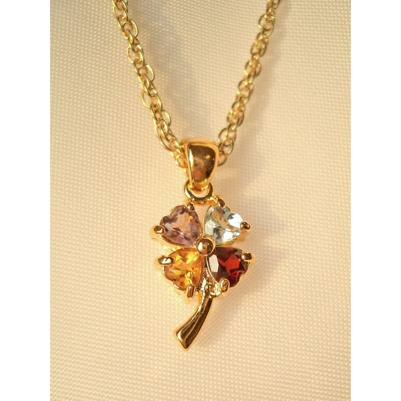 Clover Pendant Necklace for Good Luck with Amethyst, Citrine, Garnet