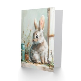 Artery8 Greeting Card Cute Bunny Rabbit on Window Sill Rustic Painting Blank For Him Or Her Art Birthday Card