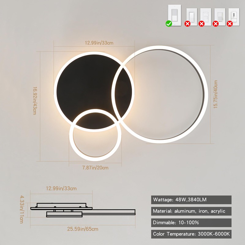 O'NEELDY Modern Dimmable LED Flush Mount Ceiling Light Remote Control