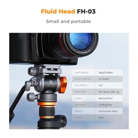 K&F Concept Tripod Fluid Head with Flexible 360° Pan & +90°/-90° Tilt, Arca Swiss Metal QR-Plate with 1/4" Screw, Bottom 1/4"+3/8" Thread Hole, Load Capacity 11lbs/5kg