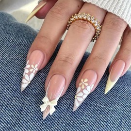 Yellow French Tip Press on Nails Daisy Fake Nails with 3D Bow Flower Designs 24 Pcs Natural Reusable Long Almond Acrylic Nail Full Cover Stick on Nail for Women Summer WYFHDT