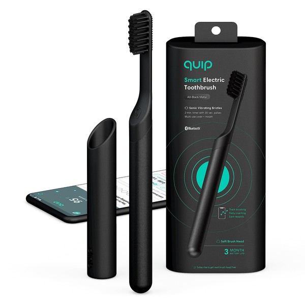 Quip Adult Smart Electric Toothbrush - Sonic Toothbrush with Bluetooth & Rewards App, Travel Cover & Mirror Mount, Soft Bristles, Timer, and Metal Handle - All-Black