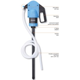 Groz Plastic Lever Action Drum Pump | Built-in 2-inch Bung Adaptor | for High Viscosity Oils, Agricultural Chemicals | with Suction Tube & Discharge Hose (44185)
