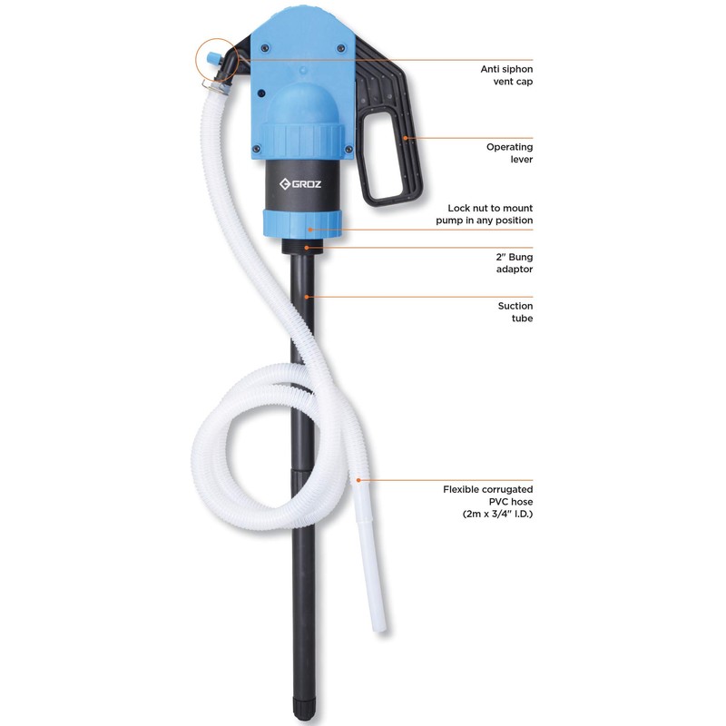 Groz Plastic Lever Action Drum Pump | Built-in 2-inch Bung