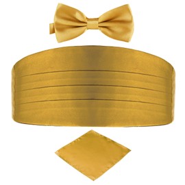 DonDon Men's triple pack with colour coordinated cummerbund bow tie breast pocket handkerchief perfect for special occassions - Gold