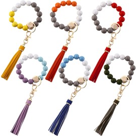 Kigeli 6 Pcs Wood Key Ring Bracelet Portable Car Keychain Holder Wristlet Keychain Wood Women Beaded Bangle Chain with Tassel(Fresh Color)