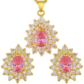 RIZILIA TEARDROP Jewellery Set Pendant with 18" Chain & Stud Earrings Pear Cut Gemstones CZ [Pink Sapphire] in 18K Yellow Gold Plated, Simple Modern Elegance