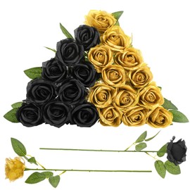 Ovveroche 24 Pcs Black,Glod Rose Artificial Flowers with Long Stem Real Touch Silk Roses Bulk for Wedding, Party, Table Centerpieces Bouquet, Bridal, Home Decor