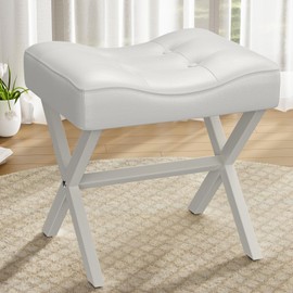 Memobarco 18-Inch Large Leather Vanity Stool, Vanity Chair with Metal X-Leg, Ottoman Accent Stool with Thick Padded Saddle Seat, White