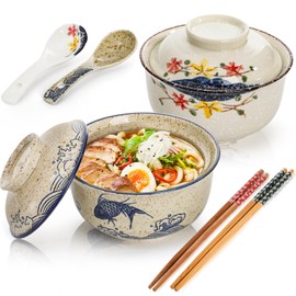 Nagpew 2 Pieces Ceramic Ramen Bowls, 25 Oz Large Soup Bowl with Lid, Spoon, Chopstick, Hand-painted Japanese Tableware for Noodles, Salad, Rice, Microwave Dishwasher safe