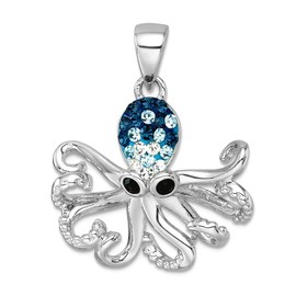 JewelryWeb 23mm 925 Sterling Silver Rhodium Plated Polished Blue Crystal Octopus Pendant Necklace 116 Inch-Pendant for Women