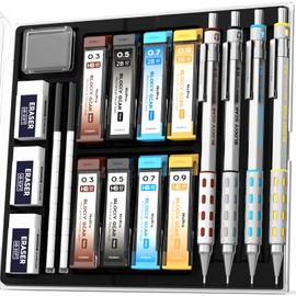 Nicpro 4 Pack Blocky Gear 0.3, 0.5, 0.7, 0.9 mm Metal Mechanical Pencils Set with Case, Lead Drafting Pencil with 8 Tube Lead Refills(HB 2B), Erasers, Eraser Refills for Art Writing Sketching Drawing