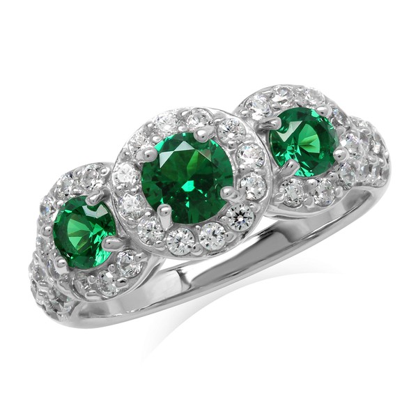Silvershake Created 3-Stone Green Nano Emerald White Gold Plated 925