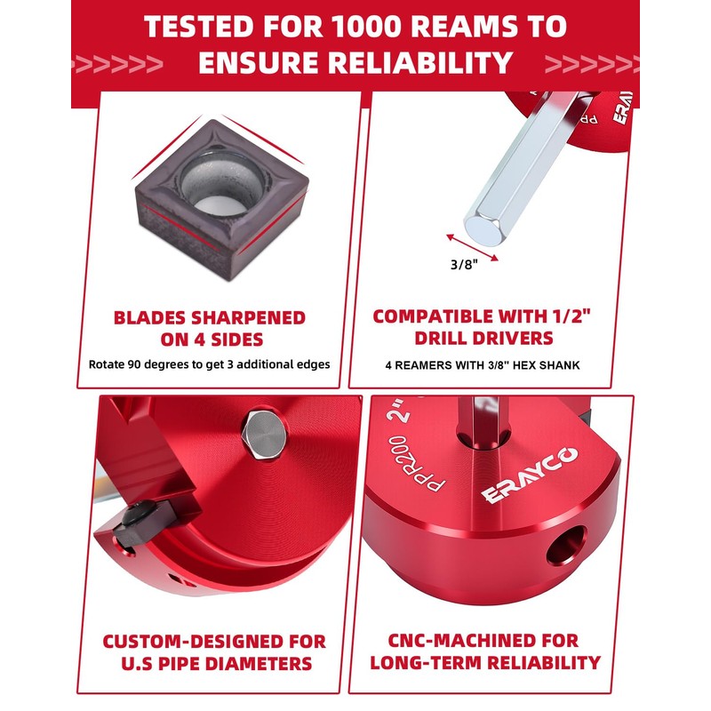 ERAYCO 4PCS PVC Pipe Reamer Kit, Plastic Pipe Fitting Reamer