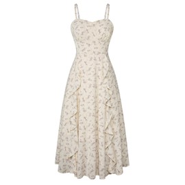 Belle Poque Vintage Floral Dress for Women Midi Spring Summer Fall Sweetheart Neck Ruffle Floral Dresses Beige Purple L