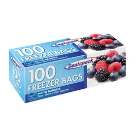 Sealapack 100 Fridge Freezer Food Bags with Tie Handles Large Food & Freezer Clear Plastic Storage Sandwich Bags with Tie Handles for All Types of Food Preservations 26cm x 40cm (1)