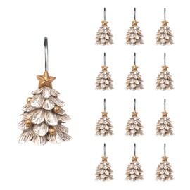 Sunlit - Ganchos decorativos para cortina de ducha con estrella, anillos de cortina de ducha, resina, tema de Navidad, decoración de baño, juego de 12, árbol blanco con bolas doradas