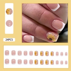 Press on Nails Short Square Fake Nails with White French Tip False Nails Sunflower Press ons Glossy Designs Acrylic Nails Press on Artificial Nails Stick on Nails For Women Girls 24Pcs