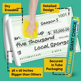 (2 Pack) Big Checks For Presentations | 36 x 16" Dry Erase Giant Check - Oversized Fake Checks For Presentation, Big Check Fundraiser Items, Large Check, Big Blank Check Plaque, Reusable Fake Check