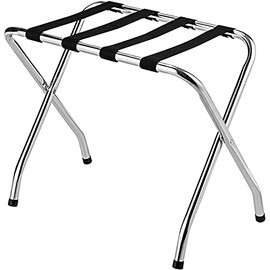 MAT EXPERT Folding Luggage Rack, No Assembly Required, 180lbs Capacity Luggage Holder w/ Nylon Straps & Non-slip Footpads, Chrome Suitcase Stand for Guest Room Home Bedroom Hotel, Silver