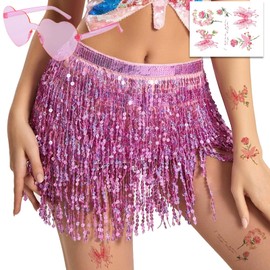 JSTHHTT Sequin Skirt for Women, Belly Dance Skirt, Costume Sequin Tassel Fringe Hip Scarf Belt Waist Wrap Skirt, Rave Costume Outfit, Sparkly Skirts Glitter Skirts for Women Girls Festival Street Club