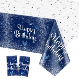 QUERICKY 2 Pack Navy Blue and Silver Happy Birthday Tablecloths, 130 x 220cm Plastic Rectangle Table Cover for Men Women Boys Girls Birthday Party Decorations Supplies