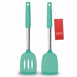2 Pack Spatulas, Solid & Slotted Silicone Spatula Set, Stainless Steel Handle Coated with Silicone, Non Stick Turners, Heat Resistant Rubber Spatulas for Fish, Eggs, Pancakes, WOK, Teal