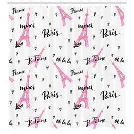 Ambesonne Torre Eiffel Cortina de Baño, Oh la La Je T'Aime, Paño Conjunto de Decoración de Baño de Tela y Ganchos, 70" Alto, Negro Rosa