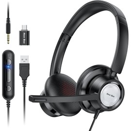 New bee USB Headset with Microphone, Headphones with Microphone with Noise Cancellation, PC Headset USB Type-C 3.5 mm for Call Centre/Telephone Conferencing/Skype Chat/Online Courses (black)