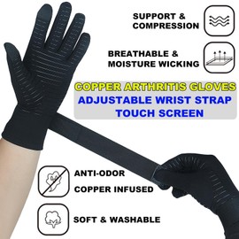 Guantes de compresión para artritis de cobre para aliviar el dolor, artritis reumatoide, túnel carpiano, guante de mano de compresión de dedo completo con correa de muñeca y puntas de visualización táctil, apto para mujeres y hombres (L/XL 1 par)