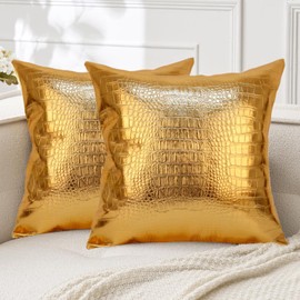 MUKA 2 Pcs PU Leather Throw Pillow Covers 18 X 18 Inches, Solid Dyed Crocodile PU Leather Sofa Backrest Throw Pillow Cover-Gold