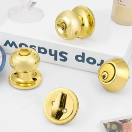 Probrico Polished Brass Entry Door Knob Lock Set and Single Cylinder Deadbolt Combination Set, Keyed Alike, 3 Pack