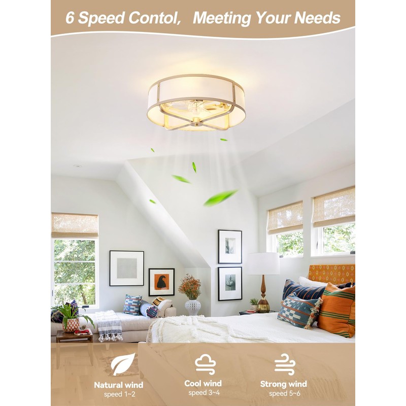 Beiduna 18" Gold Flush Mount Ceiling Fan with Light, Caged