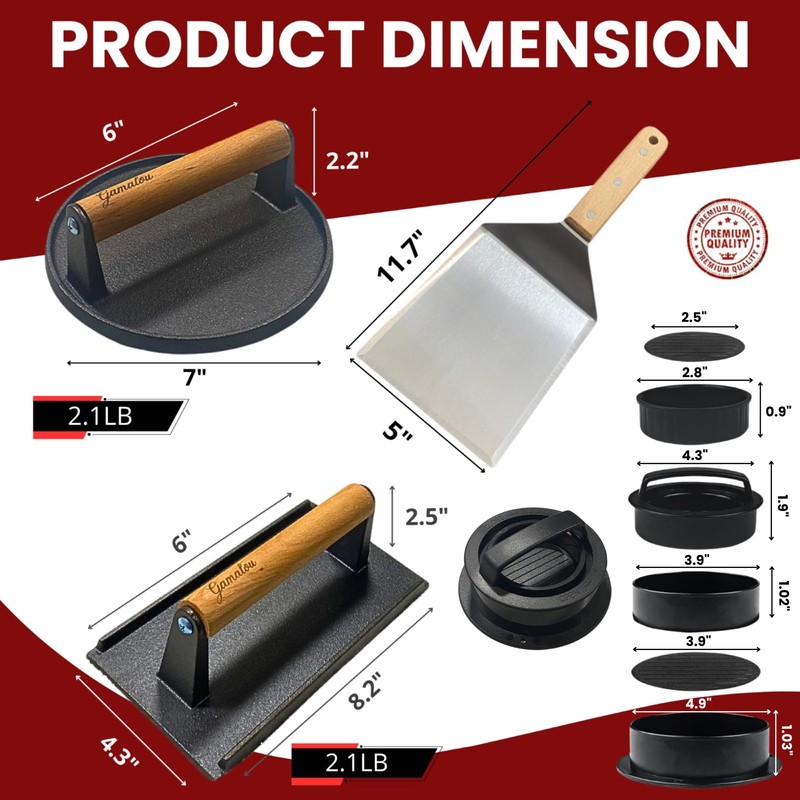 GAMALOU Smashed Burger Press BBQ Kit: 7" Round & 8.2x4.3