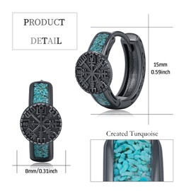 Viking Earrings for Men Women 925 Sterling Silver Compass Hoops Turquoise Huggie Hoop Earrings Gothic Punk Cool Norse Viking Jewelry Gifts, 15 mm, Sterling Silver, No Gemstone