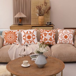GUHOO Orange Flower Decorative Throw Pillow Covers 16 x 16 Inch Set of 4 Abstract Cushion Cover Square Pillow Cases for Living Room Bed Couch Patio Sofa Home Décor