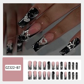 FIEONCIY Press on Nails Coffin Long Black Glossy Full Cover Acrylic Square French False Nails with Star Glitter Designs Artificial Ballerina Fake Nails with Charm Glue Stick on Fingernails for Women