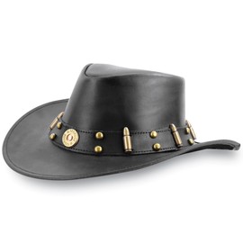 Collections Etc Leather Bullet Trimmed Cowboy Hat with Strap Black