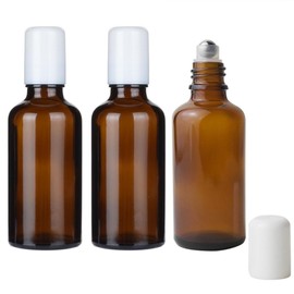 Happyupcity 3Pcs 50ml/1.7oz Empty Refillable Amber Glass Roller Bottle with Stainless Steel Roller Balls and White Cap Travel Roll on Bottle DIY Perfume Bottles Container for Essential Oil Lip Balms