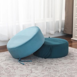 Adeco Double Layer Stackable Pouf Ottoman, Fabric Modern Round Foot Rest for Bedroom Living Room, Blue