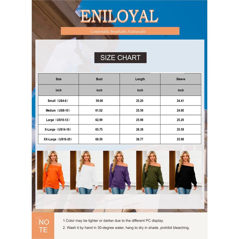 Eniloyal Long Sleeve Women's Off Shoulder Top Batwing Long Sleeve