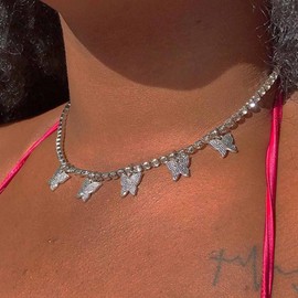Wendalern Boho Crystal Butterfly Tennis Collar Necklace Vintage Tennis Chain Dangle CZ Butterfly Necklace Silver Rhinestone Collar Necklaces Jewellery for Women and Girls, Crystal, Rhinestone