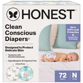 The Honest Company Clean Conscious Diapers for Delicate Skin Up to 100% Leakproof Hypoallergenic Fragrance-Free Baby Gender Neutral Prints Club Box Size Newborn 72 Count (Prints