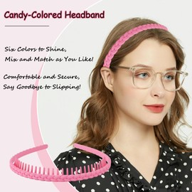 IAXSEE 6Pcs Cute Headbands for Women No Slip Plastic Headbands with Teeth Twist Candy Color Headband for Women Men and Teen Girls(Red,Orange,Green,Blue,Beige,Pink)