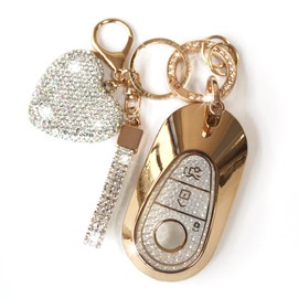 YIKECASE Key Fob Cover with Diamond Keychain Car Key Holder Case Compatible with 2020-2022 Benz S-Class G-Class E-Class Smart Remote Key Protector for Women, 3 Buttons (White-Heart)